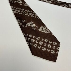 Vintage Necktie Pirate Ship Cowboy‎ Print Brown